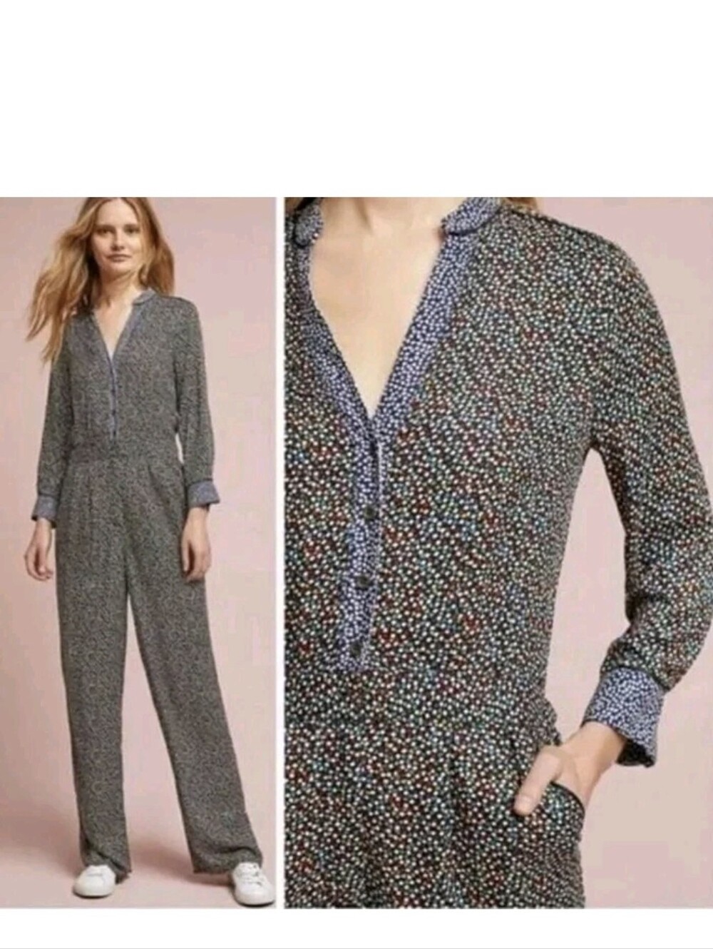 Anthropologie Black Floral Multi-Dot Long-Sleeve Jumpsuit Size M